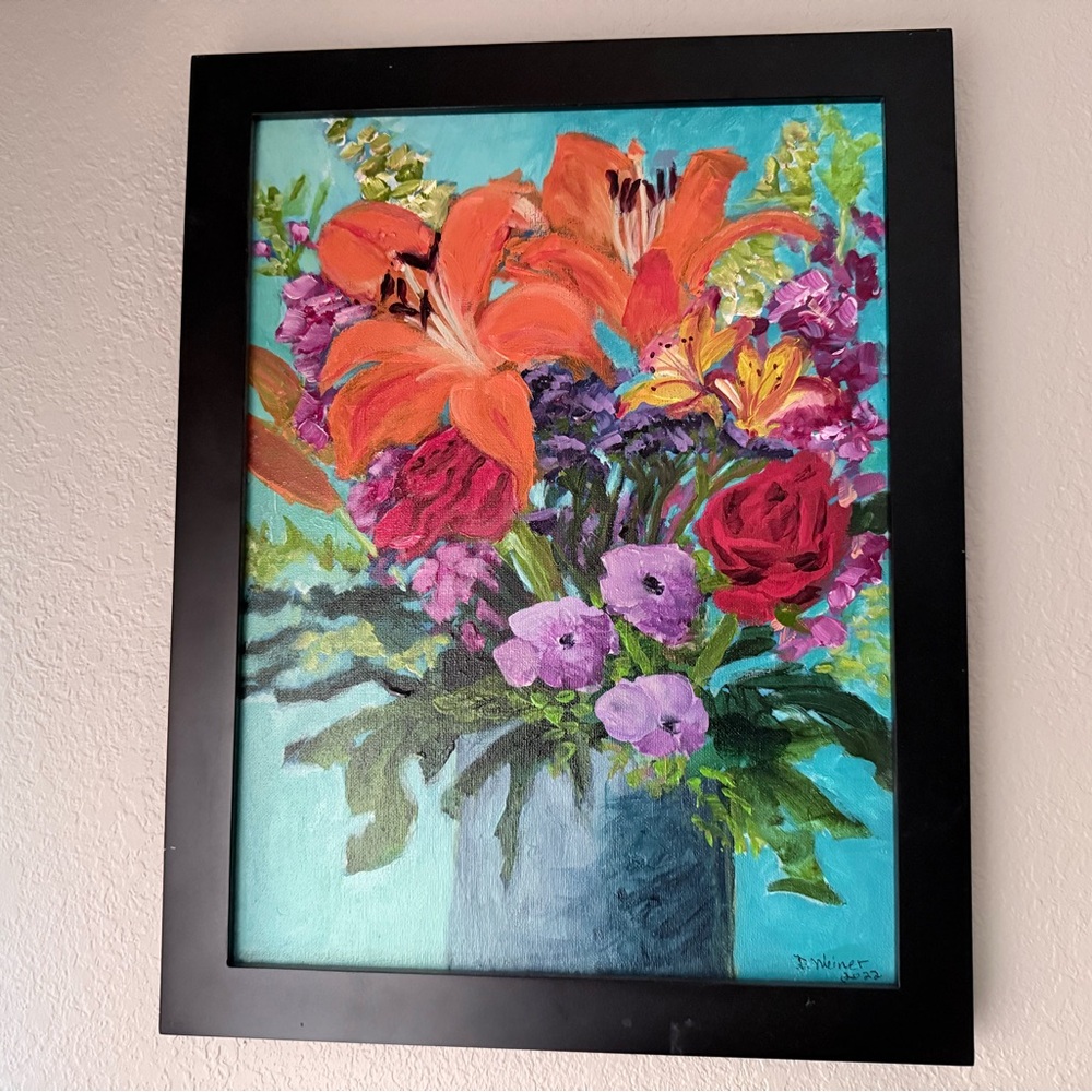 Vibrant Floral Bouquet Framed Hand Oil Painting - Orange Lilies & Purple Flowers